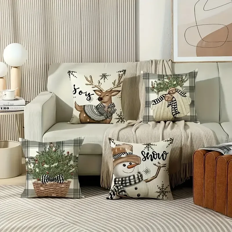 Winter Christmas Pillowcase Elk Snow Pattern Pillowcase Suitable For Home Sofa Bedroom Decoration 45.72*45.72 Cm 4 Pieces