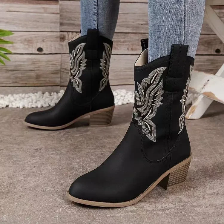 Chunky-heeled Pointed Toe Boots Winter Ethnic Style Embroidered Mid-Tube Western Shoes Women