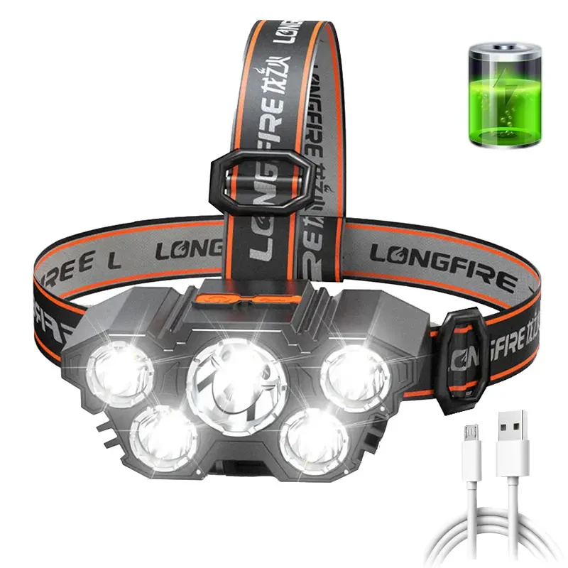 Super Bright 5 LED Rechargeable Headlamp Powerful Head Torch for Outdoor Use