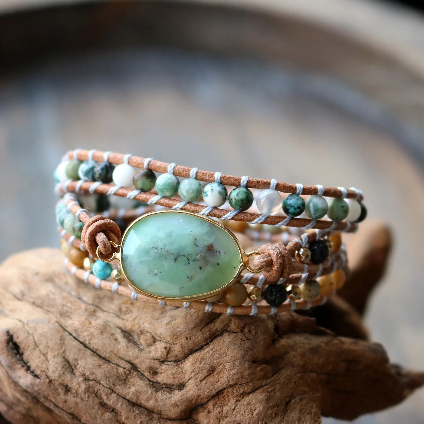 Natural Stone Bracelet Three-Layer Handmade Beaded Ladies Style Jewelry Leather Cord Bracelet