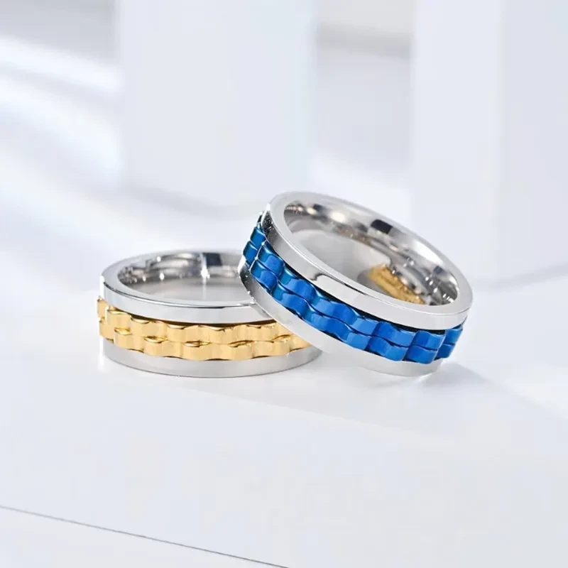 Titanium Spinner Square Texture Ring For Men High Polished Stainless Steel Gear Rotating Anxiety Fidget Rings Charm Jewelry