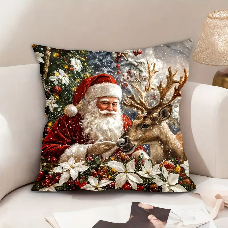 Christmas Santa and Reindeer Pattern Soft Velvet Throw Pillow Cover 44.96x44.96 cm, Zipper Closure Decorative Cushion Case for Living Room - Machine Washable, Modern Style Single-Side Print, Polyester - 1pc