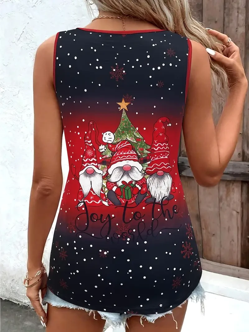 Women's Casual V-Neck Christmas Print Tank Top With Round Button Detail