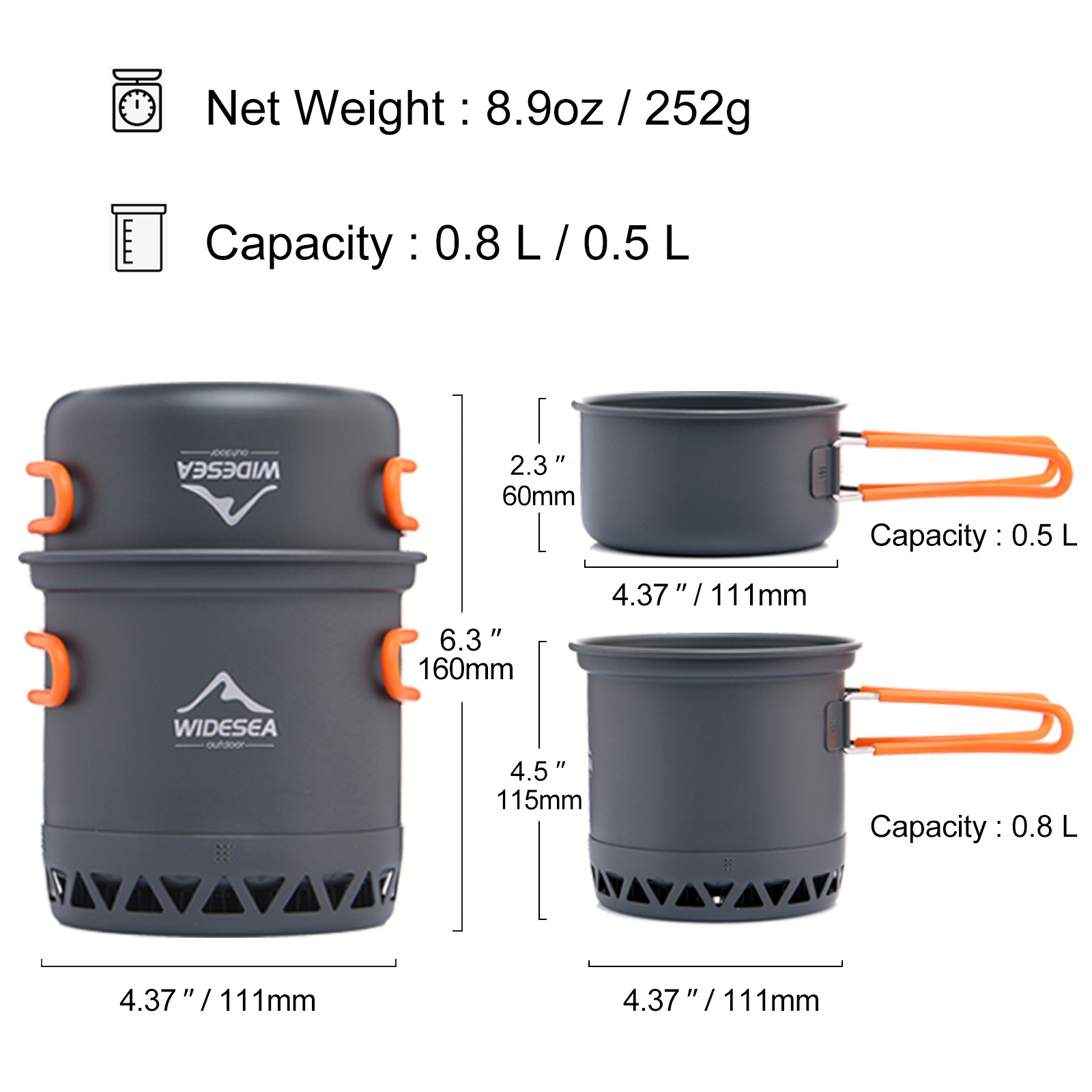 Widesea Camping Cookware Set Portable 1.3L/2.3L Outdoor Cooking Kit with Pot