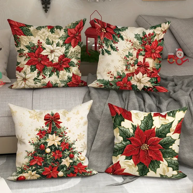 Vintage Christmas Velvet Throw Pillow Covers Set of 4, Festive Floral and Tree Design, 45.72x45.72 cm, Soft Decorative Zippered Pillowcases for Sofa and Living Room, Machine Washable, Polyester  Without Inserts