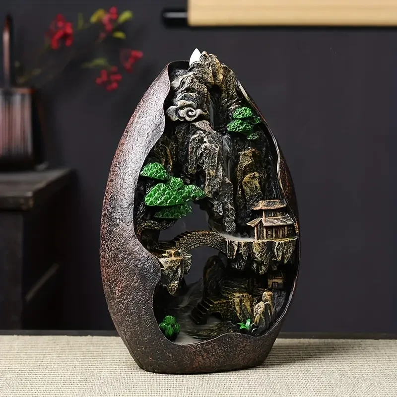 Waterfall Backflow Mountain Rockery Teahouse Fengshui Incense Burner, Ceramic Censer, Home Office Incense Passage Incense Insert Decor