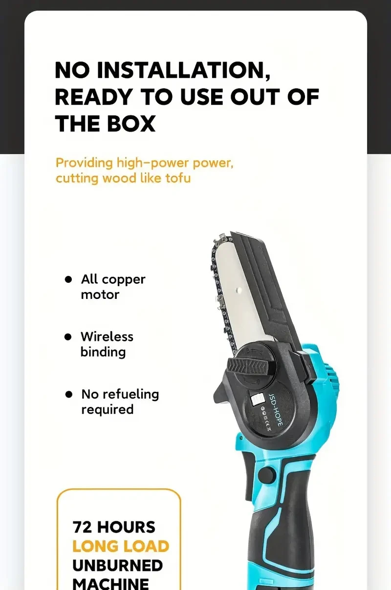 JSD-HOPE Compact Handheld Electric Chain Saw - Rechargeable Lithium Battery-Powered, 220-240V, Cordless Chainsaw for Wood Cutting & Tree Pruning, Includes Chain Blade, Ideal for Outdoor Use