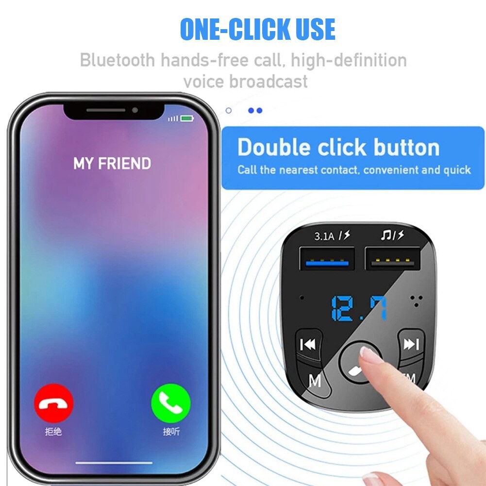 Car MP3 Player Bluetooth 5.0 FM Transmitter with Dual USB Fast Charger and Hands-Free Calling