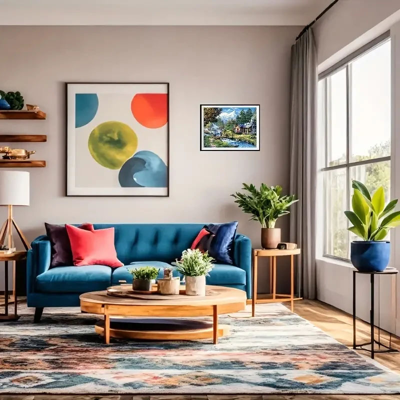 1pc Unframed Rustic Forest Lake Wooden House Scenery Canvas Poster