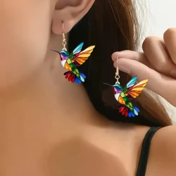 1 Pair Acrylic Hummingbird Earrings, Colorful 2D Design, Featherless, Stainless Steel Hooks24