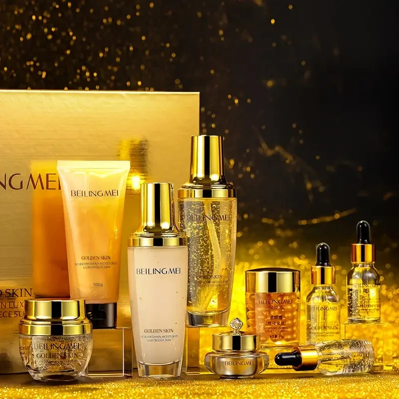 Golden Luxury 9pcs Skincare Set for Women - Hypoallergenic, Moisturizing, & Firming Formula with Golden, Collagen, Hyaluronic Acid & Niacinamide - Ideal for All Types, Perfect Gift Set for Holidays & Birthdays, Plant Squalane