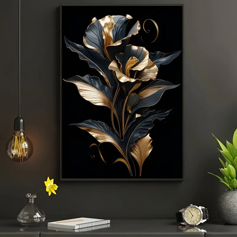 Black & Golden Floral Canvas Art  Frameless Wall Decor