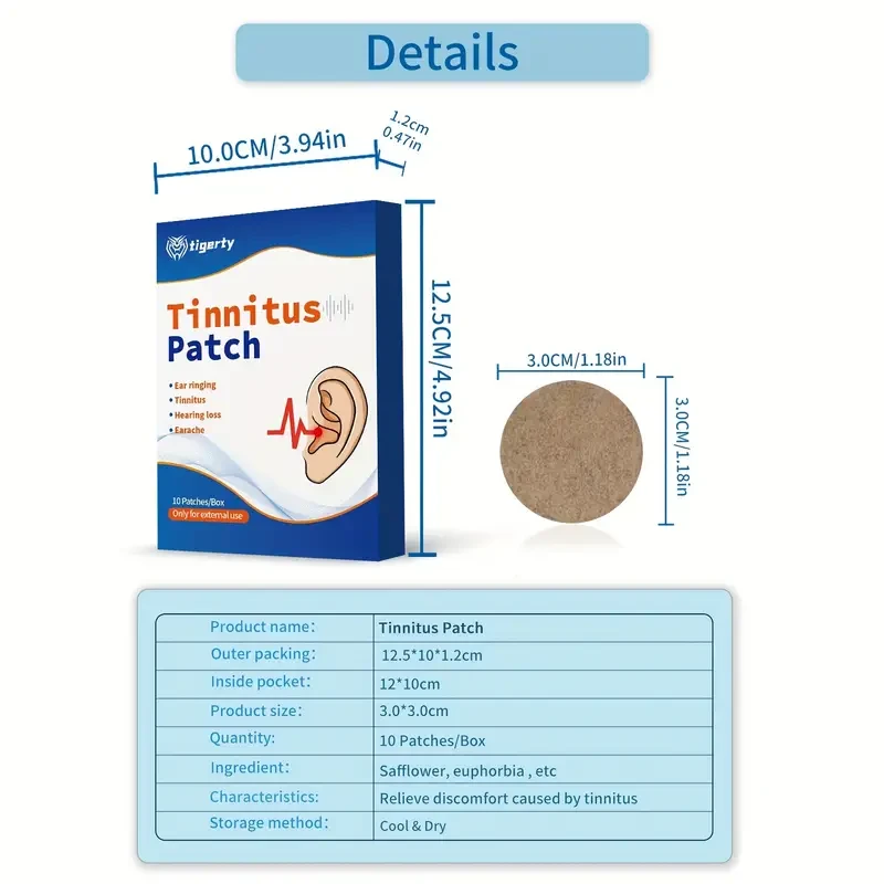 Tinnitus Relief Patches  Homeopathic Natural Herb Ear Ringing Treatment, 10 Patches/Box