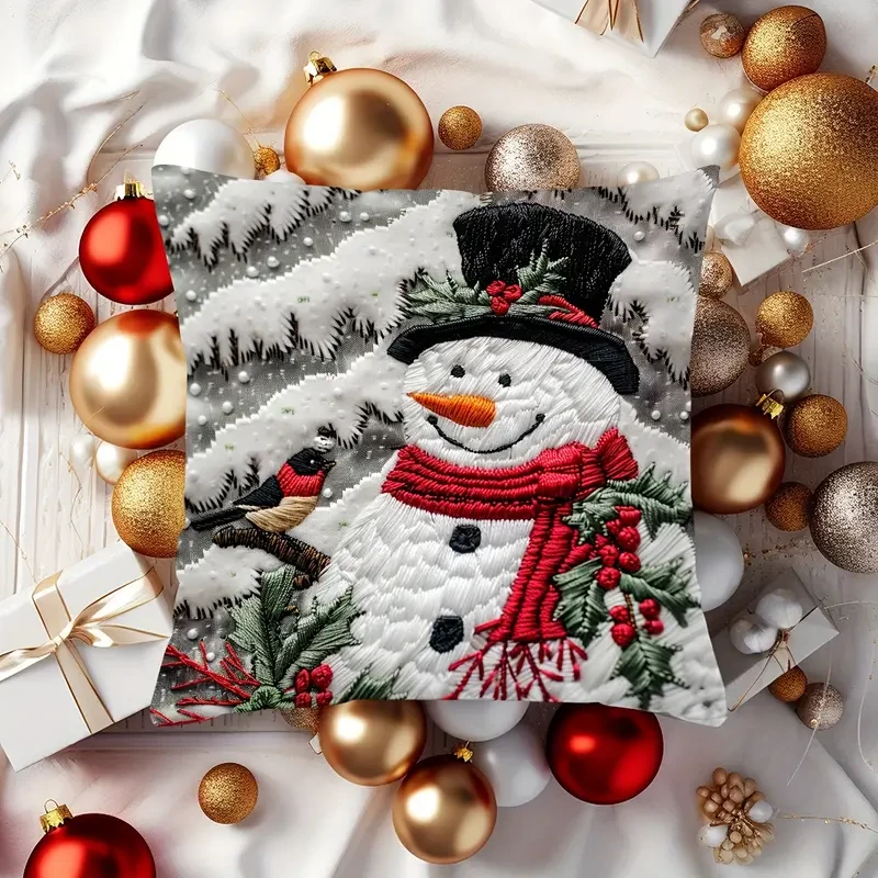 1pc Contemporary Christmas Snowman Throw Pillow Cover, 44.96cm x 44.96cm Woven Polyester with Zipper Closure, Decorative Single-Sided Digital Print Cushion Case for Various Room Types - Hand Wash Only