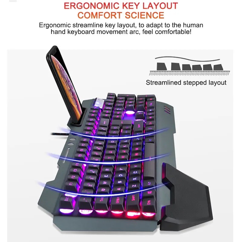 Ergonomic Wired Gaming Keyboard with RGB Backlight and Phone Holder