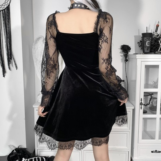 Sexy Lace Stitching Flared Long Sleeve Dress
