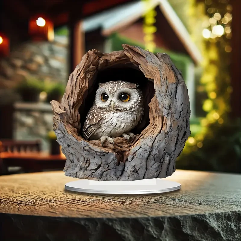 Boho Style Acrylic Owl Stump Decorative Plaque with Stand