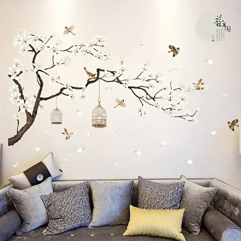 Chinese-Style Wall Stickers  Flying Birds & White Flowers