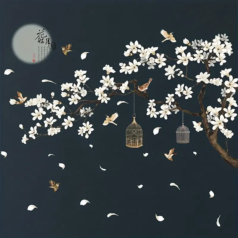 Chinese-Style Wall Stickers  Flying Birds & White Flowers