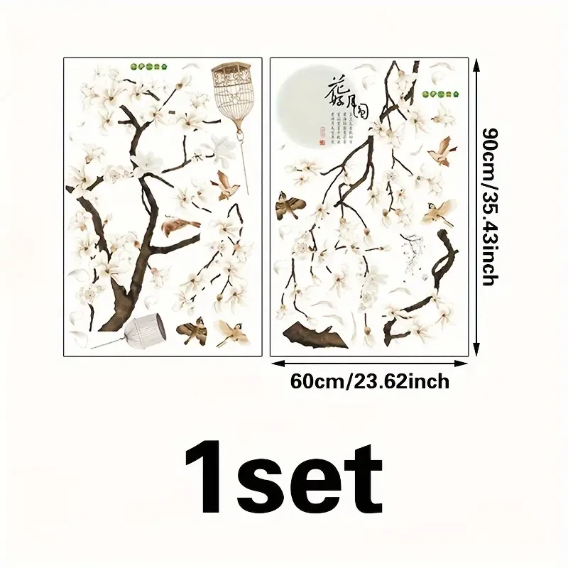 Chinese-Style Wall Stickers  Flying Birds & White Flowers