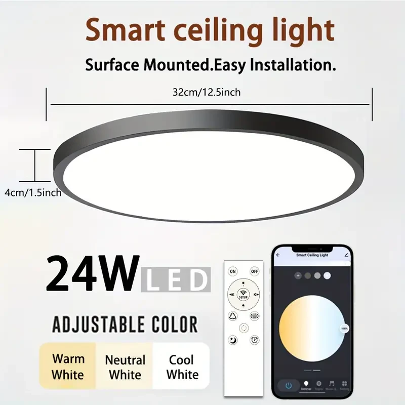 Smart Light, WiFi Ceiling Light, 24W Tuya Smart Bulb, Ultra-thin And Simple RGBCW