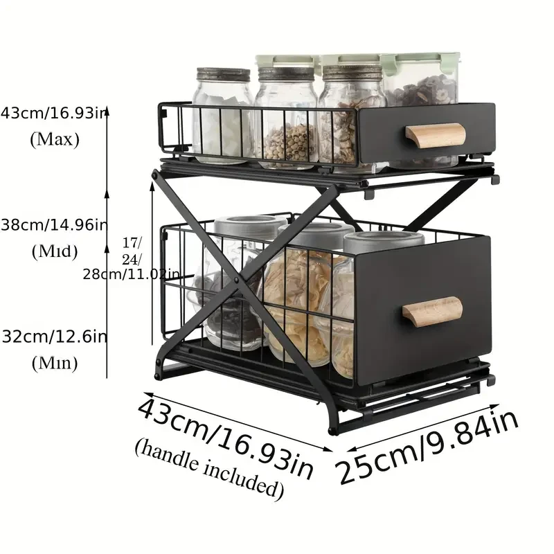 2-Tier Kitchen Bathroom Organizer Countertop Cabinet Spice Storage Basket Under Sink Basin Rack Sliding Drawer Foldable 3-Level Height Adjustable Black