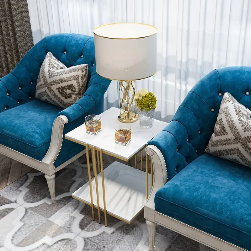 2-tier Modern Square Side Table White Gold Metal Frame Sintered Stone Table Top Living Room Accent Offices Coffee Table For Display