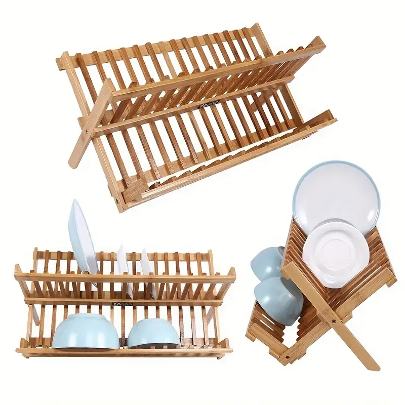 Double Tier Wooden Foldable Sink Dish Drainer Plate Cutlery Dryer Draining Rack Holder Kitchen