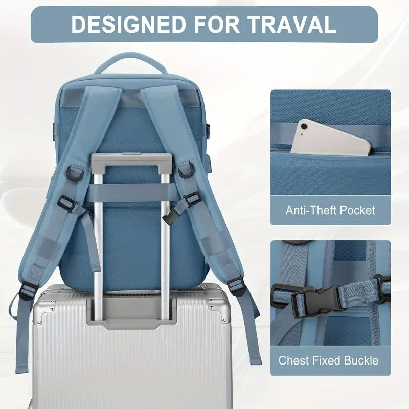 Casual Travel Portable Luggage Backpack with USB Charging Port & Trolley Strap - For Men and Women