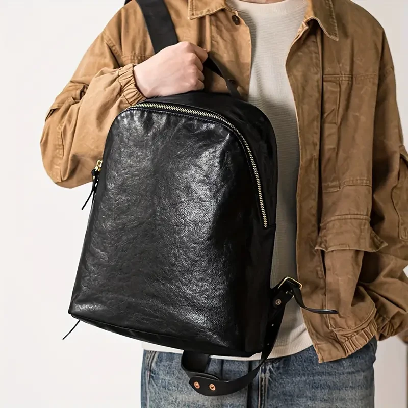 Vintage Style Waterproof Cowhide Men's Backpack - Trendy Retro Leather Bag for Travel and Commute