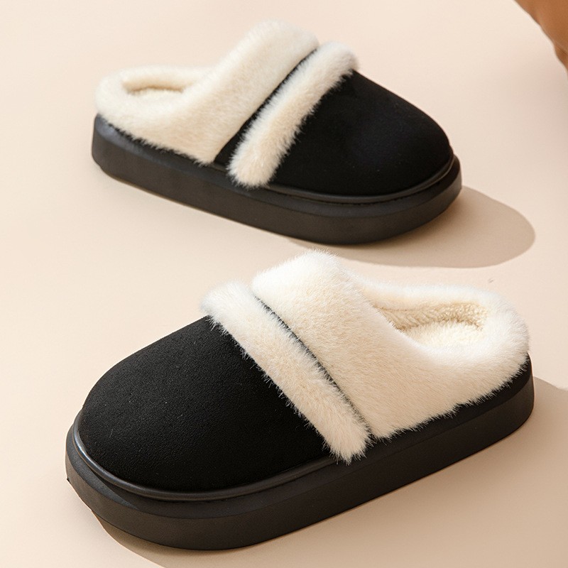 Womens Warm Cotton Slippers Thick Bottom, Non-slip Plus-Velvet Suede House Shoes