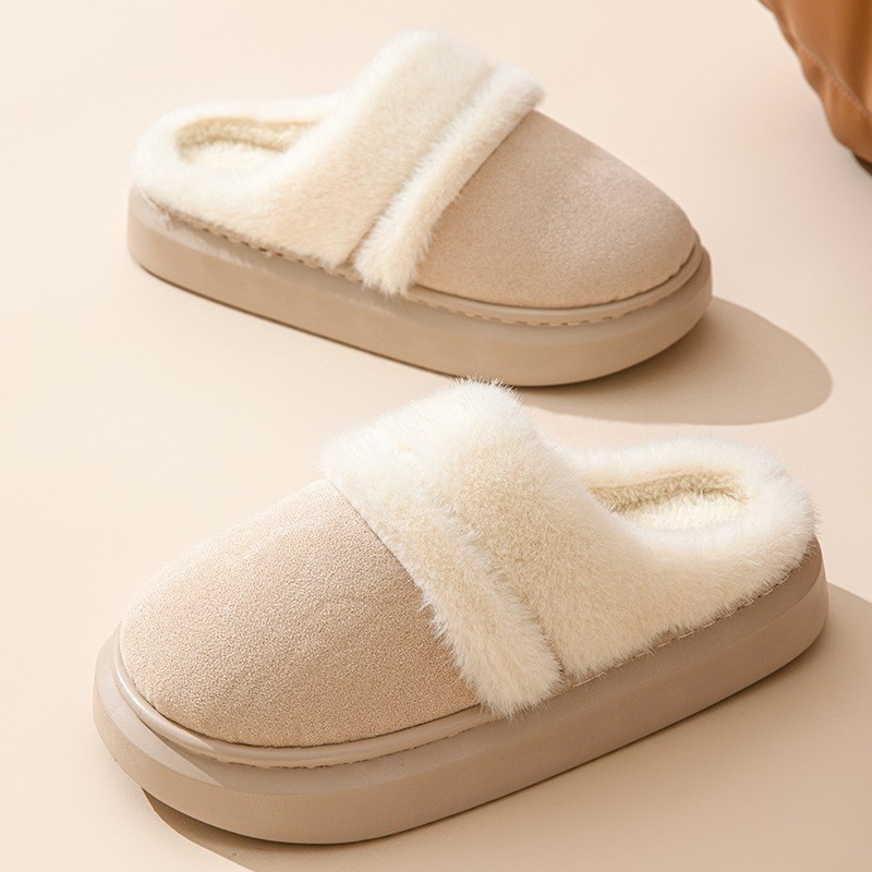 Womens Warm Cotton Slippers Thick Bottom, Non-slip Plus-Velvet Suede House Shoes