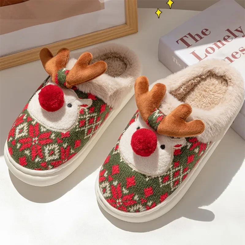 Cute Christmas Elk Plush Slippers  Cozy Non-slip Fuzzy House Shoes for Women