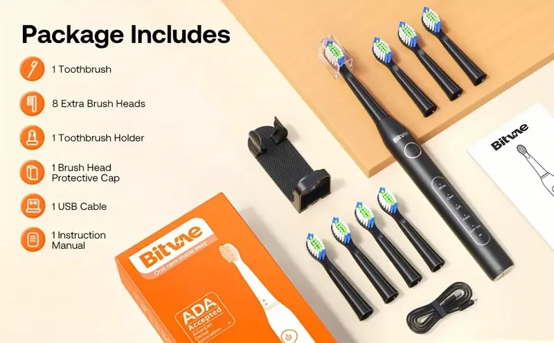 8-Brush-Head Sonic Electric Toothbrush - Oral Care Toothbrushes & Accessories - Rechargeable, 5-Mode, ADA Accepted, Smart Timer, Black D2 with Long-Lasting Battery Life