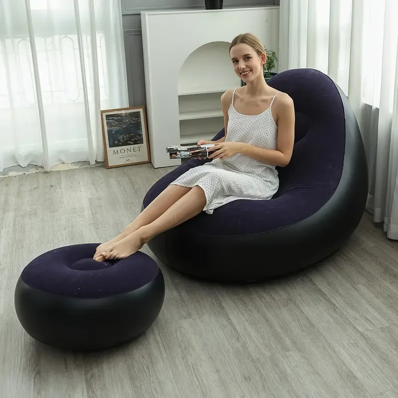 Portable Inflatable Lounger Sofa - Waterproof, Foldable Outdoor Chair with Footrest & Comfort Velvet Seat for Camping, Hiking, Home Sunbathing