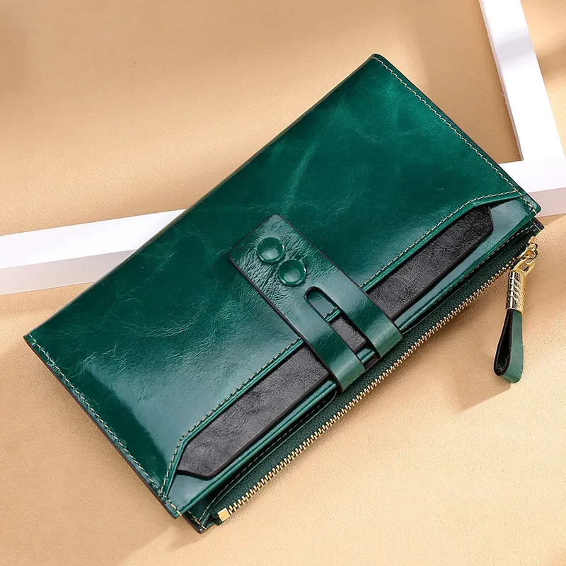 Manufacturers Wholesale Women'S Wallets Multi Card Buckle Long Oil Wax Leather Wallets European And American Retro Leather Handbags