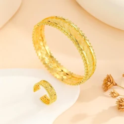 2pcs Vintage Gold Plated Bracelet, Open Bracelet Ring Jewelry, Women's Festival Wedding Jewelry Set