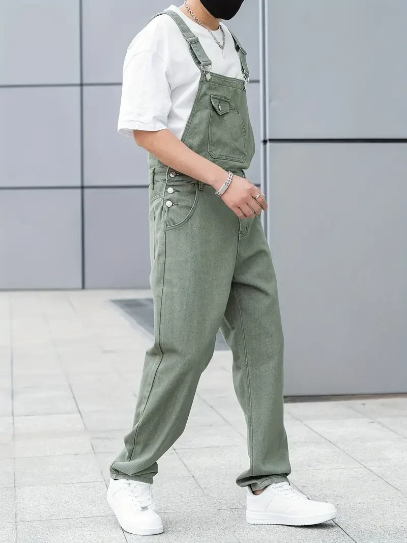 Men's All-Season Green Denim Bib Overalls - Loose, Casual Streetwear
