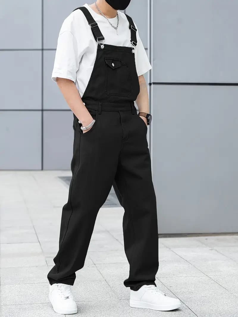 Men's All-Season Green Denim Bib Overalls - Loose, Casual Streetwear