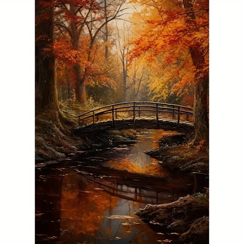1pc Unframed Canvas Poster, Modern Art, Autumn Forest Stream Bridge