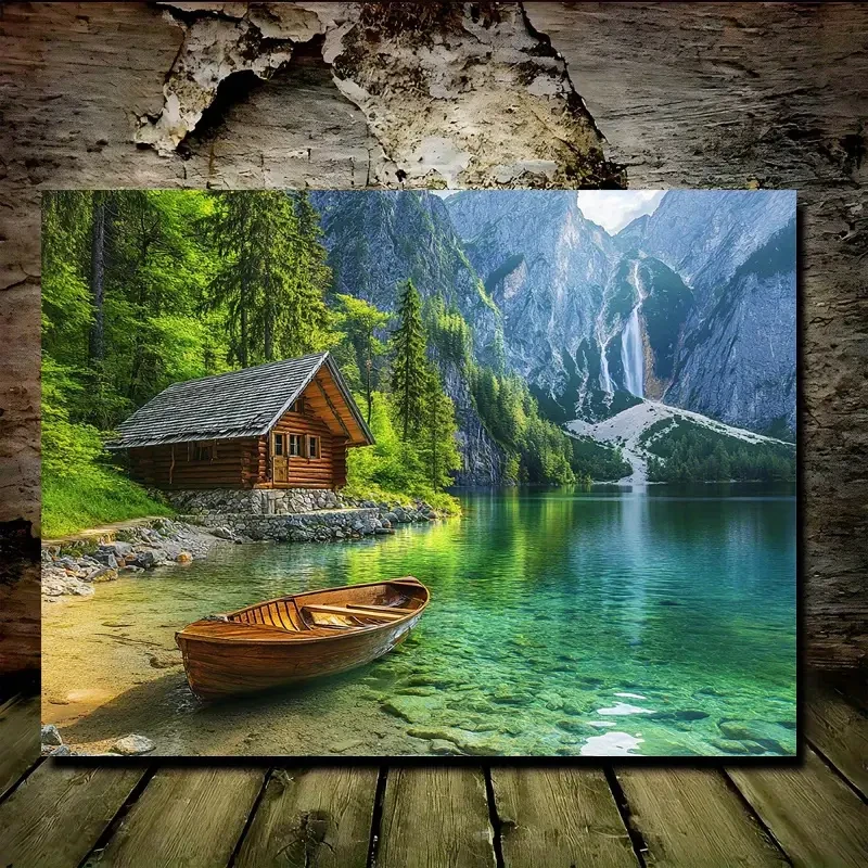 29.97x39.88cm, Serene Log Cabin by Water with Boat