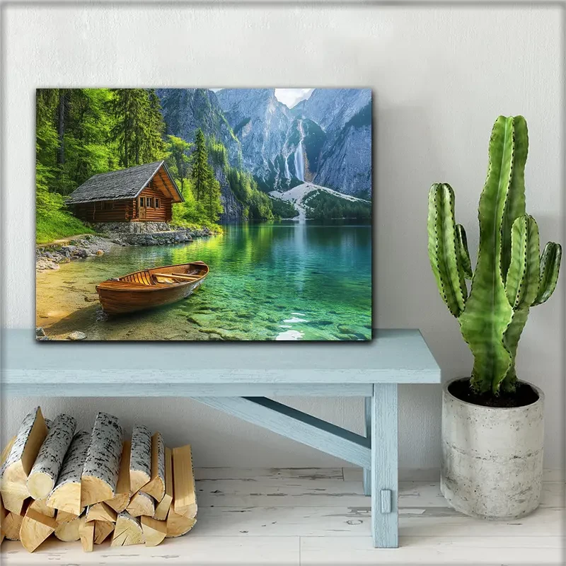 29.97x39.88cm, Serene Log Cabin by Water with Boat