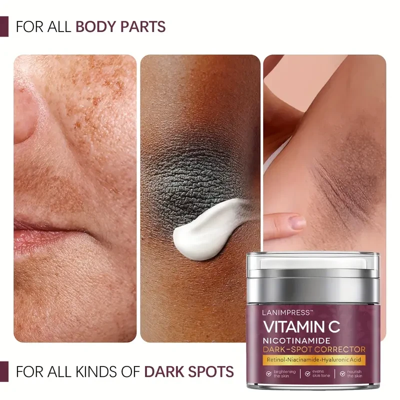 LANIMIPRESS Vitamin C Dark Spot Corrector Cream, 1.76 oz, Retinol-Niacinamide-Hyaluronic Acid, All-Skin Type Brightening, Even Tone, Hydrating Face & Body Moisturizer, Low Allergenic, for Dark Spots