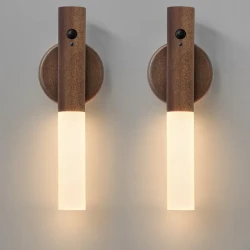 2pcs Modern Beech Wood LED Wall Sconces with Motion Sensor - Rechargeable, Magnetic Night Lights for Bedroom, Stairs & Hallway Decor