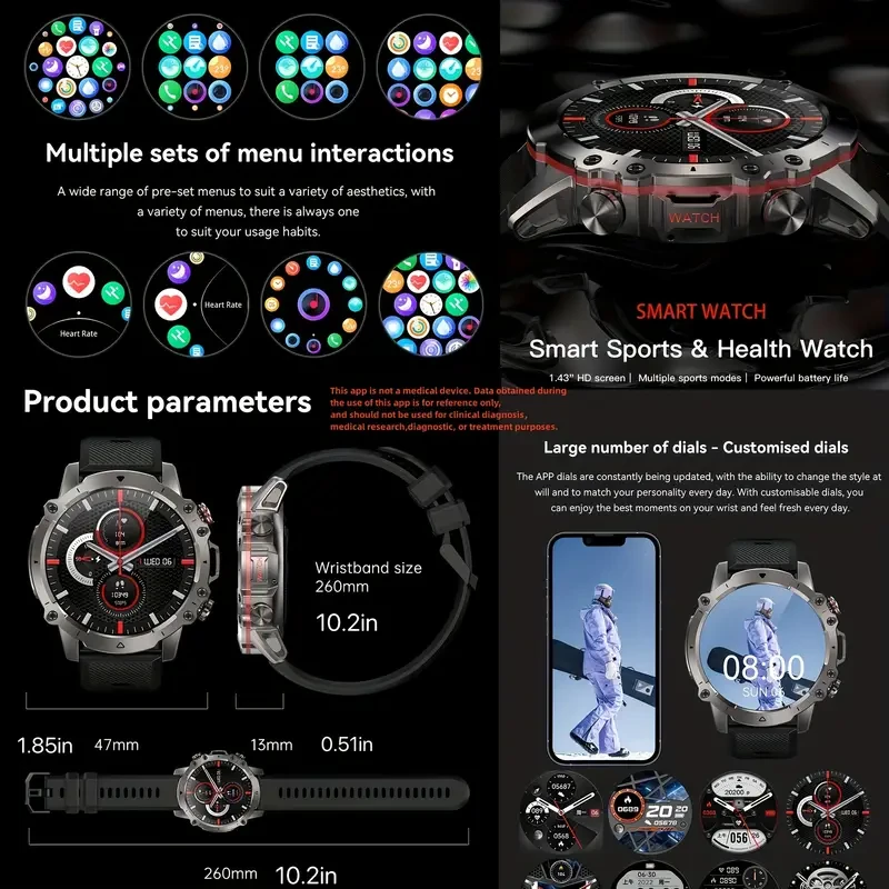 1.43'' Smart Watch For Men, Smart Fitness Watch For Men - Call Integration, Multi Sports Modes, Wireless Call Smart Watch For Android And IPhone, Fitness Tracker, Sleep Monitoring, Step Caloric, Call Information Prompt, Smartwatch With 3 Watch Bands