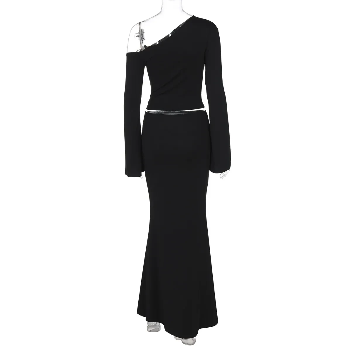 Sexy Slim Oblique Shoulder Skirt Suit With Flower Fashion Bell Sleeve Long Sleeve Top And High Waist Long Skirt Women Clothing