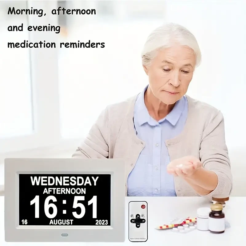 Digital Calendar Day Alarm Clock, Photo Frame Media Player, Auto Dimmable And Sun Moon Icons, 4 Alarm Options & 10 Languages