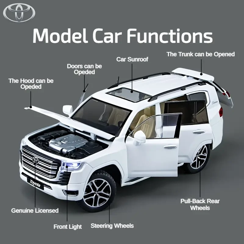 Toyota Land Cruiser 1/24 Scale Diecast Pull-Back Action, Light & Sound Zinc Alloy Toy Car
