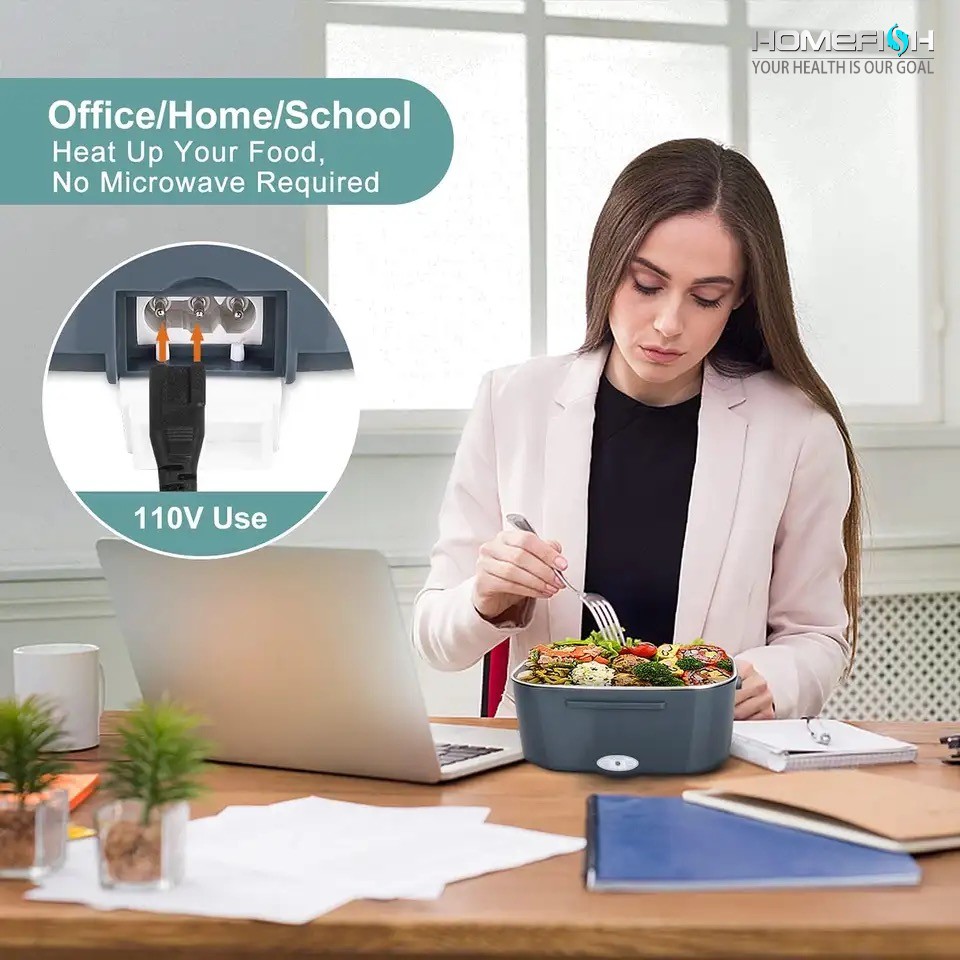 HOMEFISH 1.5L Electric Lunch Box Food Warmer Portable 60W Food Heater with Leak-Proof 304 Stainless Steel Liner