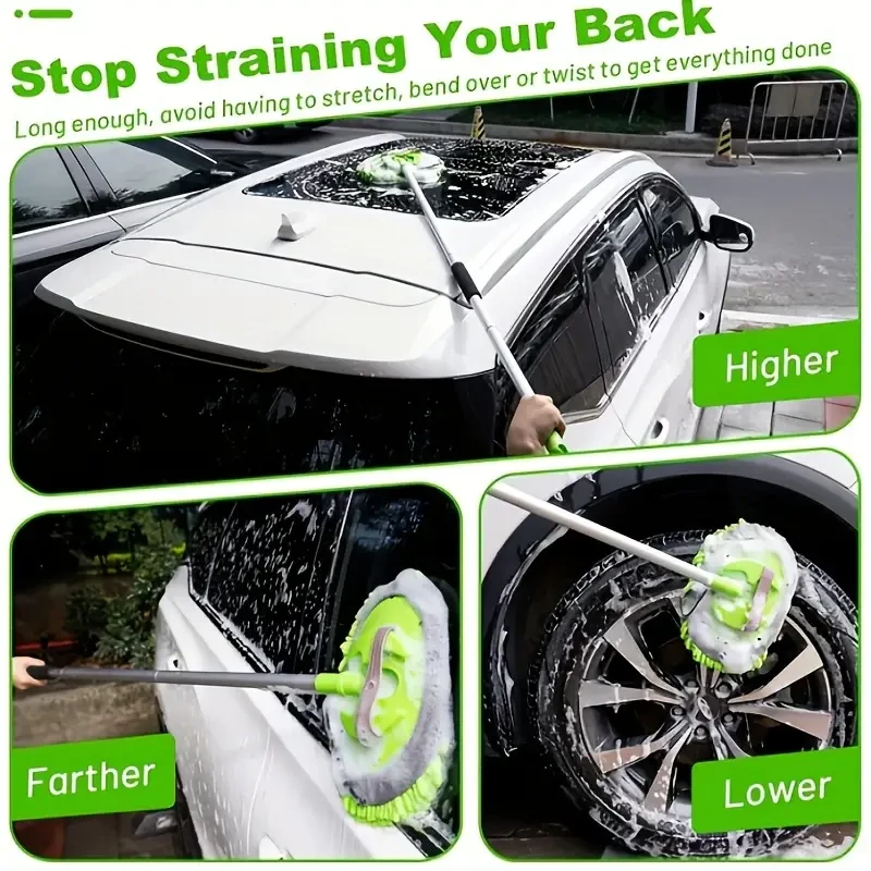 2-in-1 Chenille Microfiber Car Wash Mop & Brush Set with Replaceable Cloth Cover - Long Handle, Scratch-Free Cleaning for Cars, Bathrooms, and More